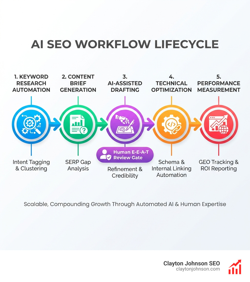 AI SEO workflow lifecycle infographic showing five stages: keyword research automation with intent tagging and clustering, content brief generation with SERP gap analysis, AI-assisted drafting with human E-E-A-T review gate, technical optimization including schema and internal linking automation, and performance measurement with GEO tracking and ROI reporting — displayed as a horizontal flowchart with icons on a white background in a clean modern corporate style - ai seo workflow systems infographic 