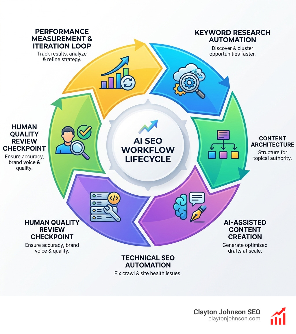 AI SEO workflow lifecycle infographic showing 6 stages: keyword research automation → content architecture → AI-assisted content creation → technical SEO automation → human quality review checkpoint → performance measurement and iteration loop, with arrows connecting each stage in a circular flywheel diagram, clean white background, modern corporate style - implement ai seo workflows infographic 