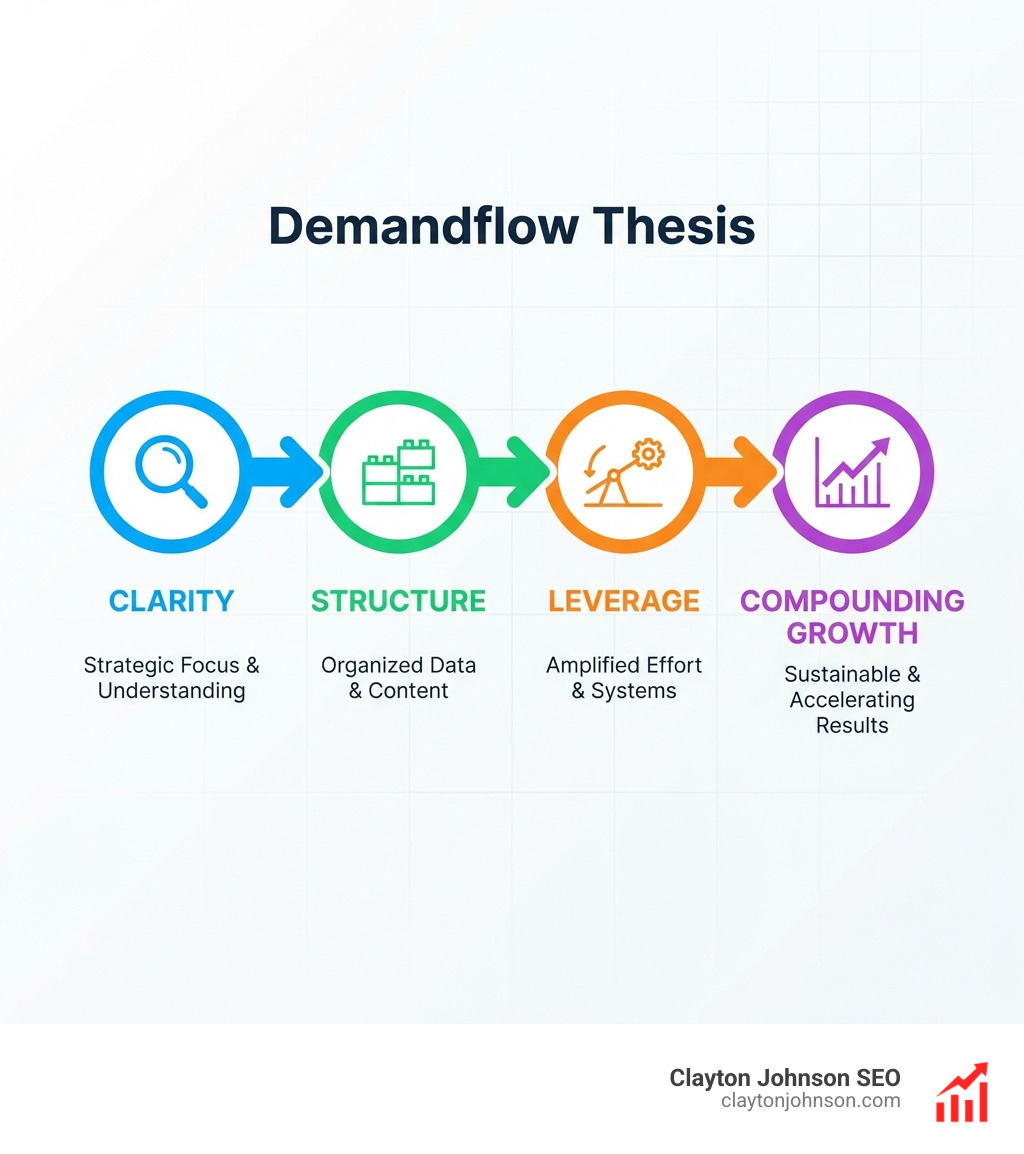 Infographic showing the Demandflow thesis: Clarity -> Structure -> Leverage -> Compounding Growth. Minimalist corporate design on a white background - ai for seo optimization infographic 
