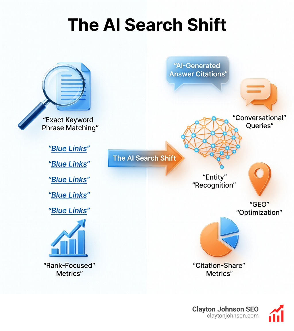 Infographic showing the shift from traditional keyword-based SEO to AI-driven SEO tactics: left side shows keyword matching, blue links, and rank-focused metrics; right side shows entity recognition, AI-generated answer citations, conversational queries, GEO optimization, and citation-share metrics; center arrow labeled 'The AI Search Shift'; clean white background, corporate style, no year - ai driven seo tactics infographic Infographic showing the shift from traditional keyword-based SEO to AI-driven SEO tactics: left side shows keyword matching, blue links, and rank-focused metrics; right side shows entity recognition, AI-generated answer citations, conversational queries, GEO optimization, and citation-share metrics; center arrow labeled 'The AI Search Shift'; clean white background, corporate style, no year - ai driven seo tactics infographic
