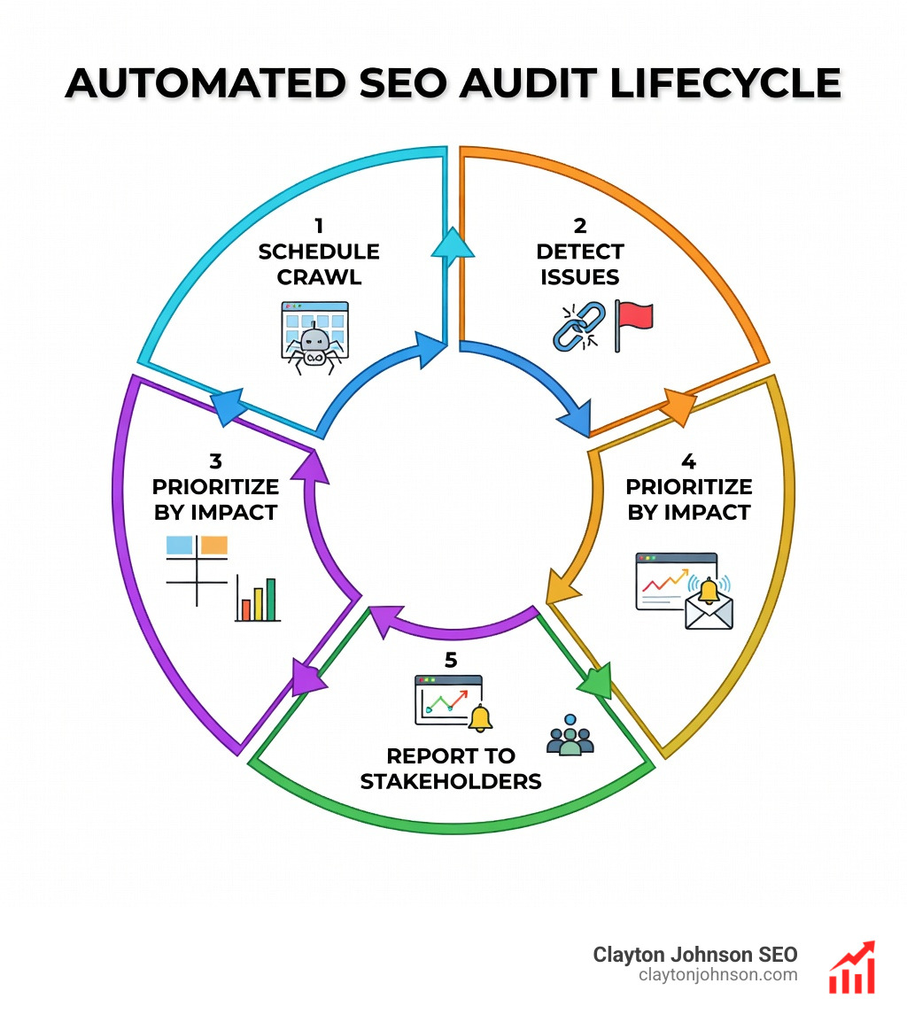 Automated SEO Audit Lifecycle infographic showing five stages: Schedule Crawl with tool icons, Detect Issues with broken link and error flags, Prioritize by Impact using effort vs impact matrix, Push Alerts to dashboard and email, and Report to Stakeholders with integrated analytics — connected by arrows in a clean circular flow on white background - SEO audit automation guide infographic 