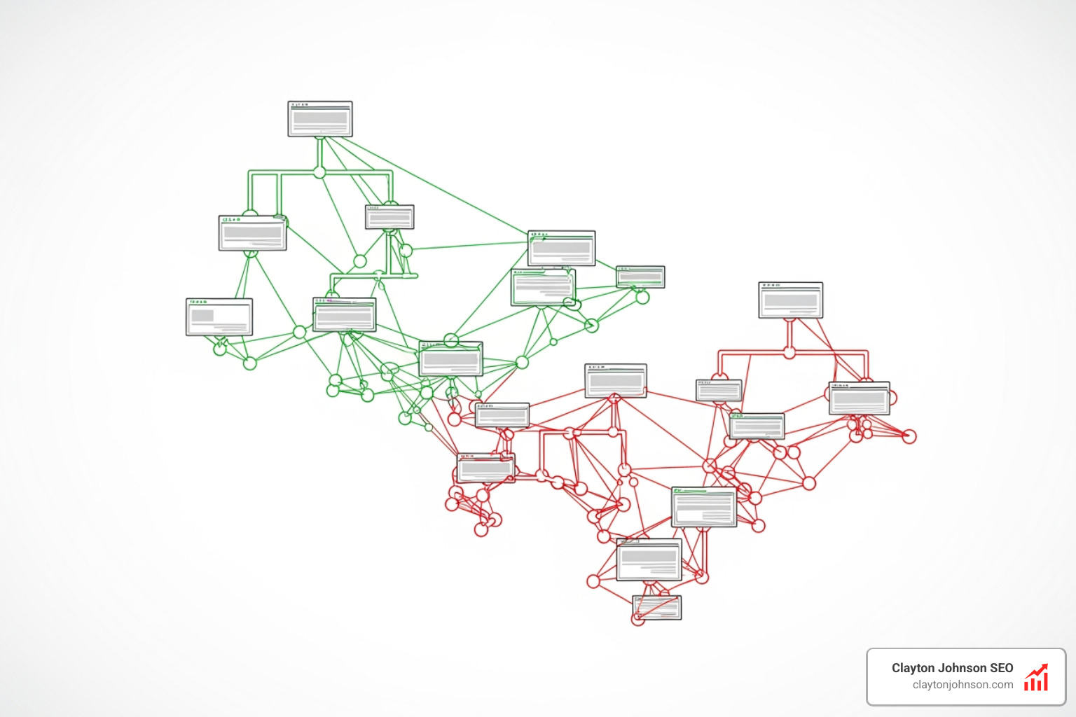 Site Crawl Visualization showing a complex web of internal links and site architecture nodes with green lines for healthy links and red lines for broken paths on a clean white background - SEO audit automation guide