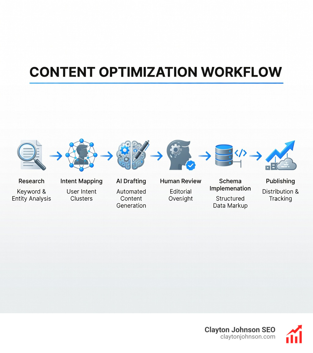 A clean, modern corporate infographic showing the content optimization workflow: Research -> Intent Mapping -> AI Drafting -> Human Review -> Schema Implementation -> Publishing. The background is white with blue and gray accents - ai for seo optimization infographic 