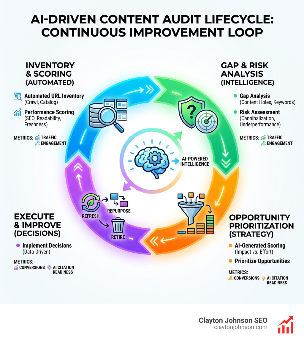 Infographic showing the AI-driven content audit lifecycle: from automated URL inventory and performance scoring, through gap and risk analysis, to opportunity prioritization with refresh/repurpose/retire decisions, mapped across a circular continuous improvement loop with key metrics at each stage — traffic, engagement, conversions, and AI citation readiness - ai driven content audits infographic 