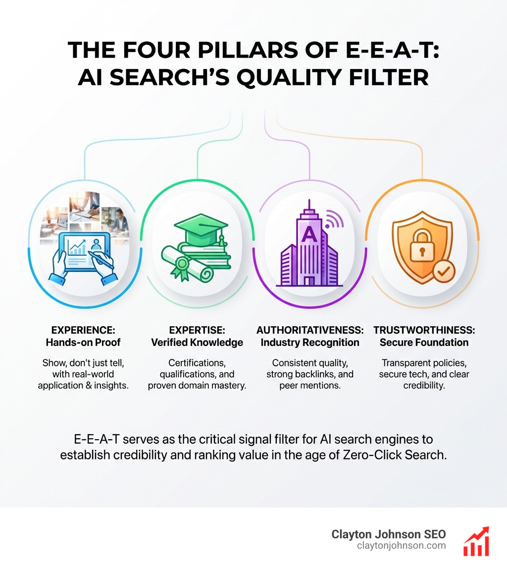 Enterprise style infographic showing the four pillars of E-E-A-T: Experience (hands-on photos), Expertise (diploma icon), Authoritativeness (building icon), and Trustworthiness (shield icon) on a modern white background - ai for seo optimization infographic 