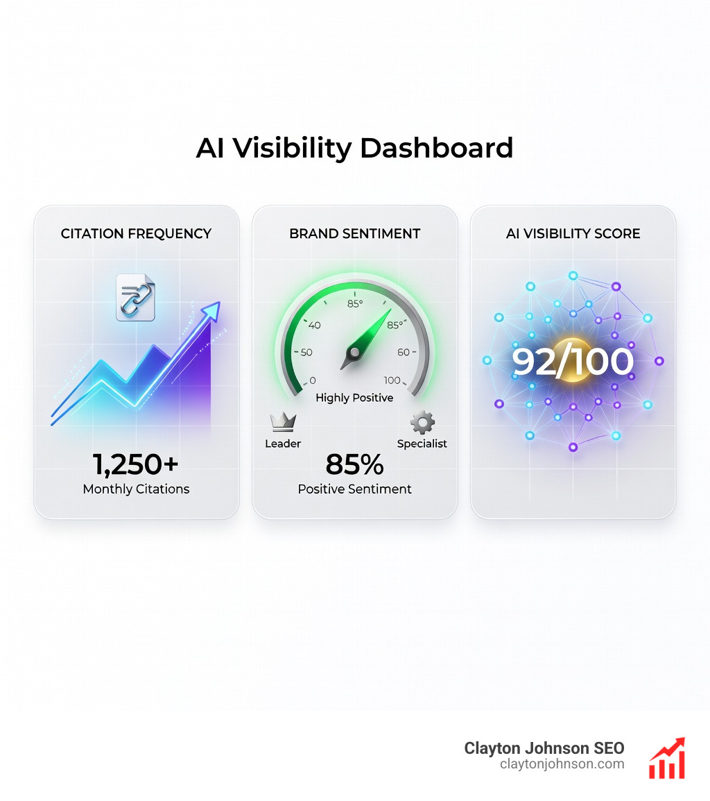 AI visibility dashboard showing Citation Frequency, Brand Sentiment, and AI Visibility Score; enterprise style infographic on white background - ai seo strategy framework infographic 