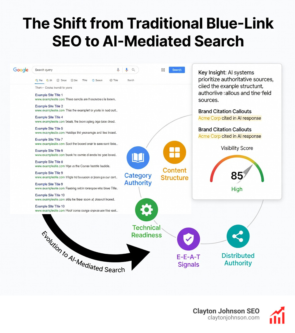 Infographic showing the shift from traditional blue-link SEO to AI-mediated search: left side shows a classic Google SERP with ten blue links labeled 'Traditional SEO — rank and click'; right side shows an AI Overview panel with brand citation callouts, structured answer blocks, and a visibility score meter labeled 'AI SEO Strategy Framework — authority, context, and citation'; connecting arrows highlight the five framework pillars: Category Authority, Content Structure, Technical Readiness, E-E-A-T Signals, and Distributed Authority; clean white background, modern corporate enterprise style - ai seo strategy framework infographic 