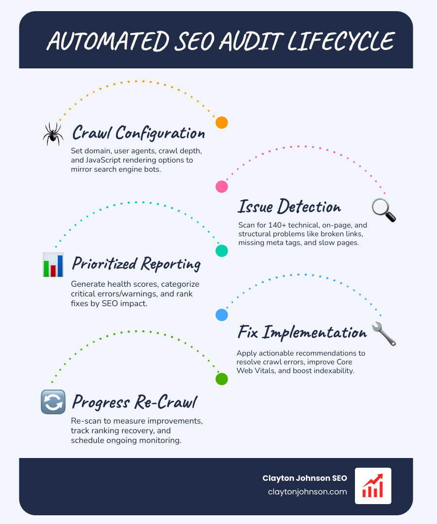 Infographic showing the automated SEO audit lifecycle: crawl configuration → issue detection across technical, on-page, and structural categories → prioritized reporting with health scores → fix implementation → progress comparison → scheduled re-crawl loop, with tool examples mapped to each stage - automated seo audit tools infographic infographic-line-5-steps-blues-accent_colors