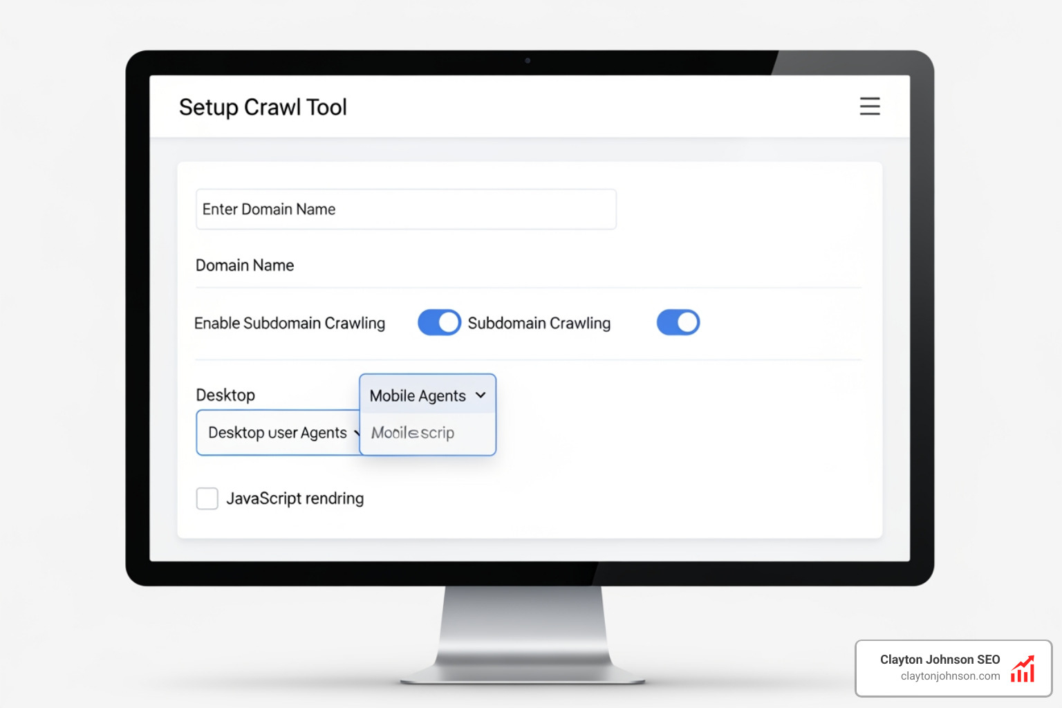 Graphic showing the setup of a site crawl including domain settings and user agent selection - automated seo audit tools