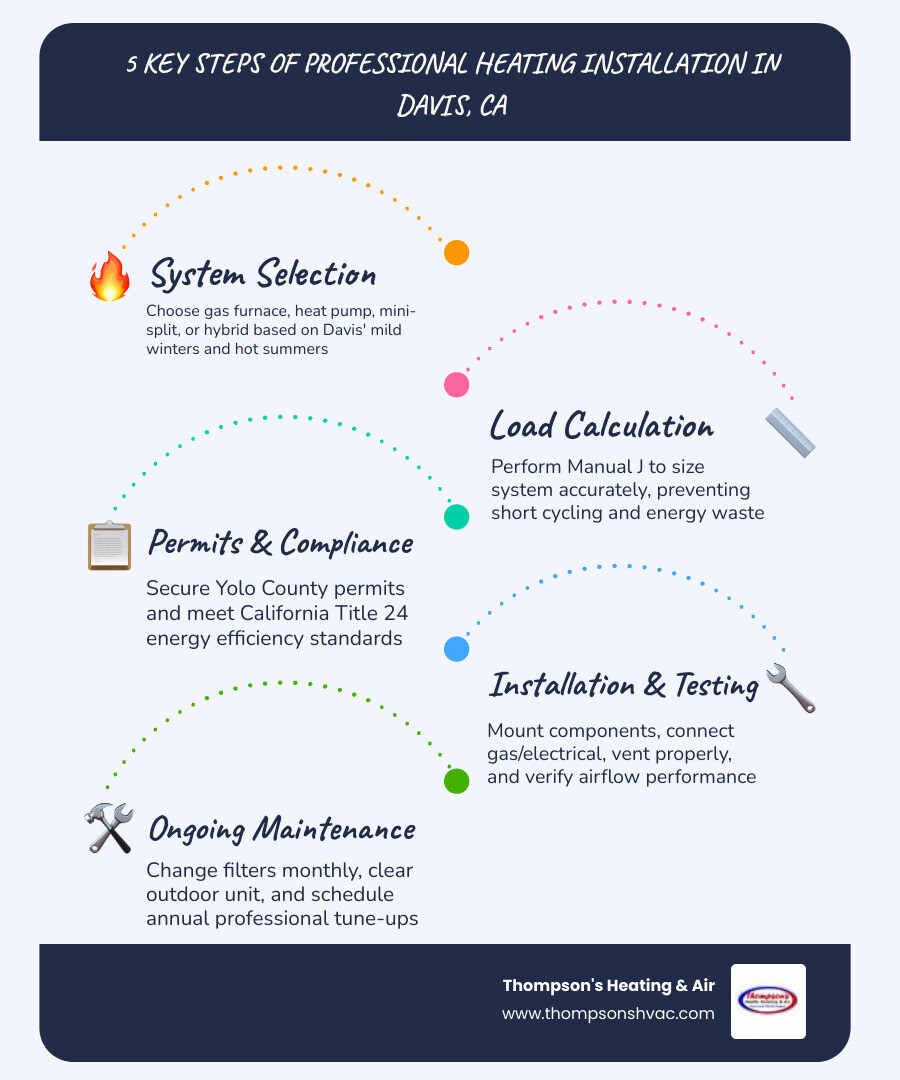 Infographic showing the 5 key steps of professional heating installation in Davis CA: system selection, load calculation, permits and compliance, installation and testing, and ongoing maintenance - with icons for each step and callouts for Davis climate considerations and energy efficiency tips - heating installation in davis, ca infographic infographic-line-5-steps-blues-accent_colors