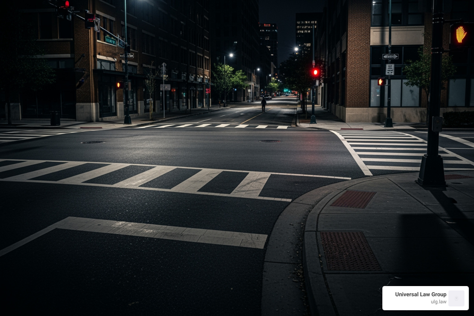 A photo-realistic image of a poorly lit urban intersection at night, with long shadows and the faint glow of distant streetlights, emphasizing the visibility challenges for pedestrians - Fatal pedestrian accident