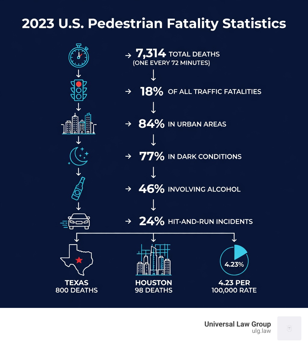 Infographic showing 2023 U.S. pedestrian fatality statistics: 7,314 total deaths (one every 72 minutes), 18% of all traffic fatalities, 84% in urban areas, 77% in dark conditions, 46% involving alcohol, 24% hit-and-run incidents, Texas 800 deaths, Houston 98 deaths at 4.23 per 100,000 rate — displayed as a vertical flowchart with icons on a solid #13244E background - Fatal pedestrian accident infographic 