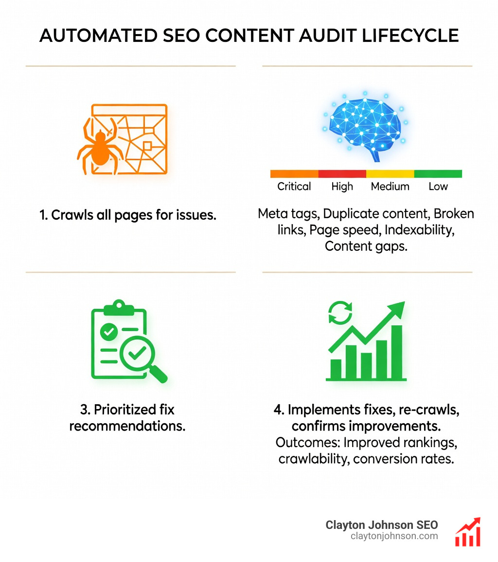 Infographic showing the automated SEO content audit lifecycle: step 1 crawler scans all pages, step 2 AI flags issues grouped by severity (critical, high, medium, low) with categories including meta tags, duplicate content, broken links, page speed, indexability, and content gaps, step 3 prioritized fix recommendations are generated, step 4 fixes are implemented and re-crawl confirms improvement, with outcome metrics showing improved rankings, crawlability, and conversion rates — clean white background corporate style - automated seo content audits infographic infographic-line-5-steps-elegant_beige