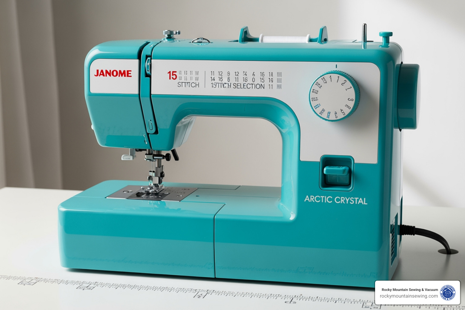 The Janome Arctic Crystal sewing machine in a vibrant teal color, featuring a 15-stitch selection dial and a heavy-duty metal frame - colorful sewing machines The Janome Arctic Crystal sewing machine in a vibrant teal color, featuring a 15-stitch selection dial and a heavy-duty metal frame - colorful sewing machines