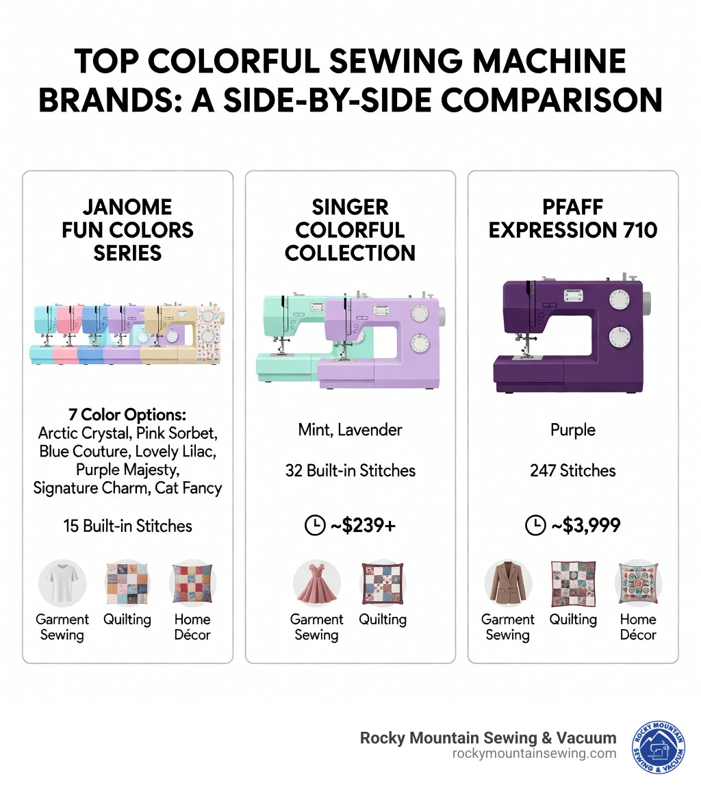 Infographic showing the top colorful sewing machine brands side by side: Janome Fun Colors series with 7 color options and 15 built-in stitches, SINGER Colorful Collection in mint and lavender with 32 built-in stitches, and PFAFF expression 710 in purple with 247 stitches — each panel showing the machine color, key specs, price range, and best-suited project types like garment sewing, quilting, and home décor - colorful sewing machines infographic Infographic showing the top colorful sewing machine brands side by side: Janome Fun Colors series with 7 color options and 15 built-in stitches, SINGER Colorful Collection in mint and lavender with 32 built-in stitches, and PFAFF expression 710 in purple with 247 stitches — each panel showing the machine color, key specs, price range, and best-suited project types like garment sewing, quilting, and home décor - colorful sewing machines infographic