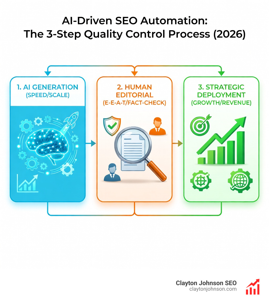 Enterprise infographic showing a 3-step quality control process: 1. AI Generation (Speed/Scale), 2. Human Editorial (E-E-A-T/Fact-check), 3. Strategic Deployment (Growth/Revenue) - how ai automates seo infographic 