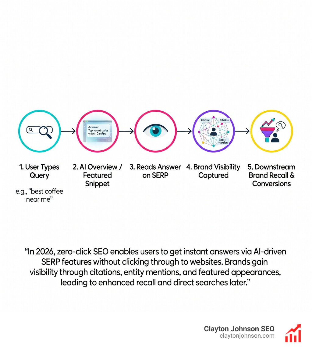 Infographic showing the zero-click user journey: user types query → Google displays AI Overview or Featured Snippet with answer → user reads answer on SERP → no click occurs → brand visibility still captured through citations, entity mentions, and SERP feature appearances → downstream brand recall drives direct searches and conversions later - zero click seo infographic process-5-steps-informal