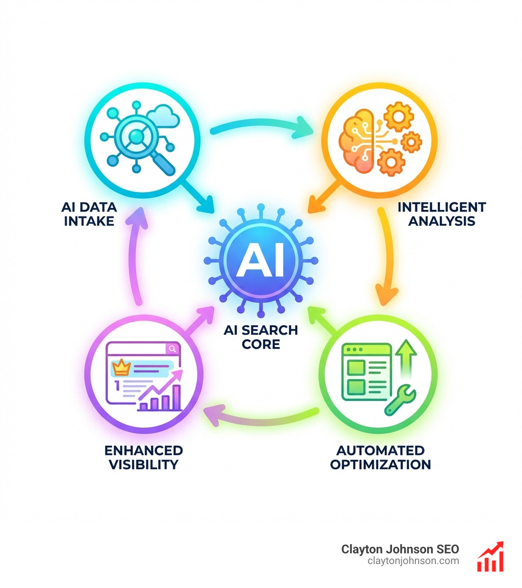 A complex neural network visualization representing artificial intelligence processing data - how ai seo works