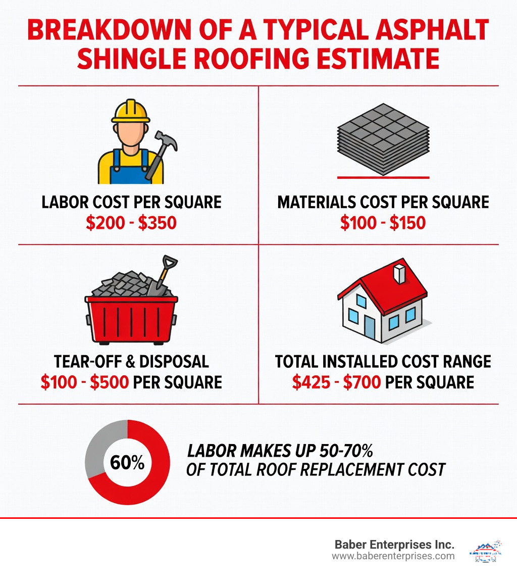 Infographic showing a breakdown of a typical asphalt shingle roofing estimate, including labor cost per square ($200-$350), materials cost per square ($100-$150), tear-off and disposal ($100-$500 per square), underlayment and flashing, and total installed cost range of $425-$700 per square, with a note that labor makes up 50-70% of total roof replacement cost - labor cost to install shingles per square infographic Infographic showing a breakdown of a typical asphalt shingle roofing estimate, including labor cost per square ($200-$350), materials cost per square ($100-$150), tear-off and disposal ($100-$500 per square), underlayment and flashing, and total installed cost range of $425-$700 per square, with a note that labor makes up 50-70% of total roof replacement cost - labor cost to install shingles per square infographic