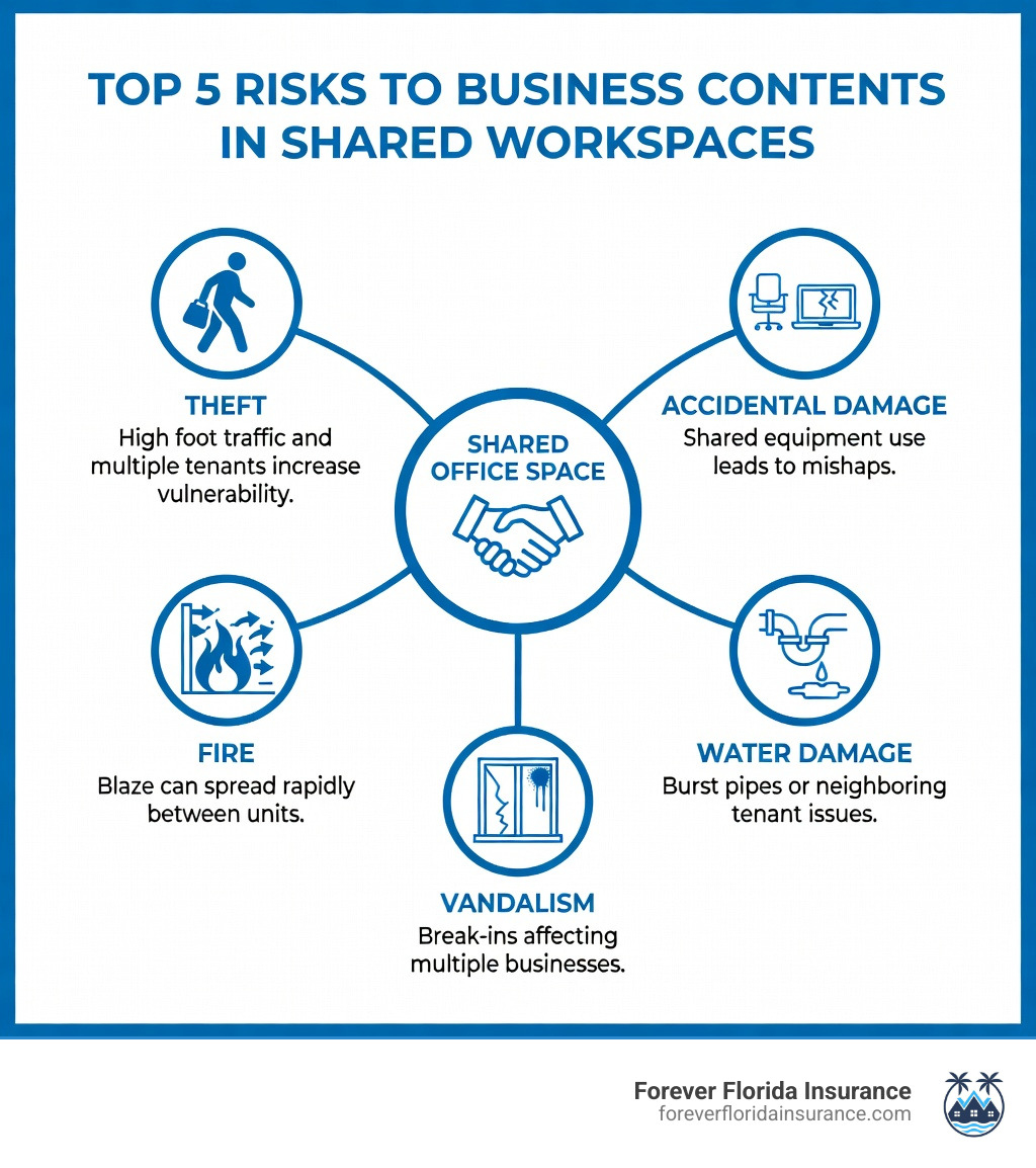 infographic showing the top 5 risks to business contents in shared workspaces: theft from high foot traffic and multiple tenants, accidental damage from shared equipment use, fire spreading between units, water damage from burst pipes or neighboring tenants, and vandalism or break-ins affecting multiple businesses - contents insurance for shared office space infographic pillar-4-steps infographic showing the top 5 risks to business contents in shared workspaces: theft from high foot traffic and multiple tenants, accidental damage from shared equipment use, fire spreading between units, water damage from burst pipes or neighboring tenants, and vandalism or break-ins affecting multiple businesses - contents insurance for shared office space infographic pillar-4-steps