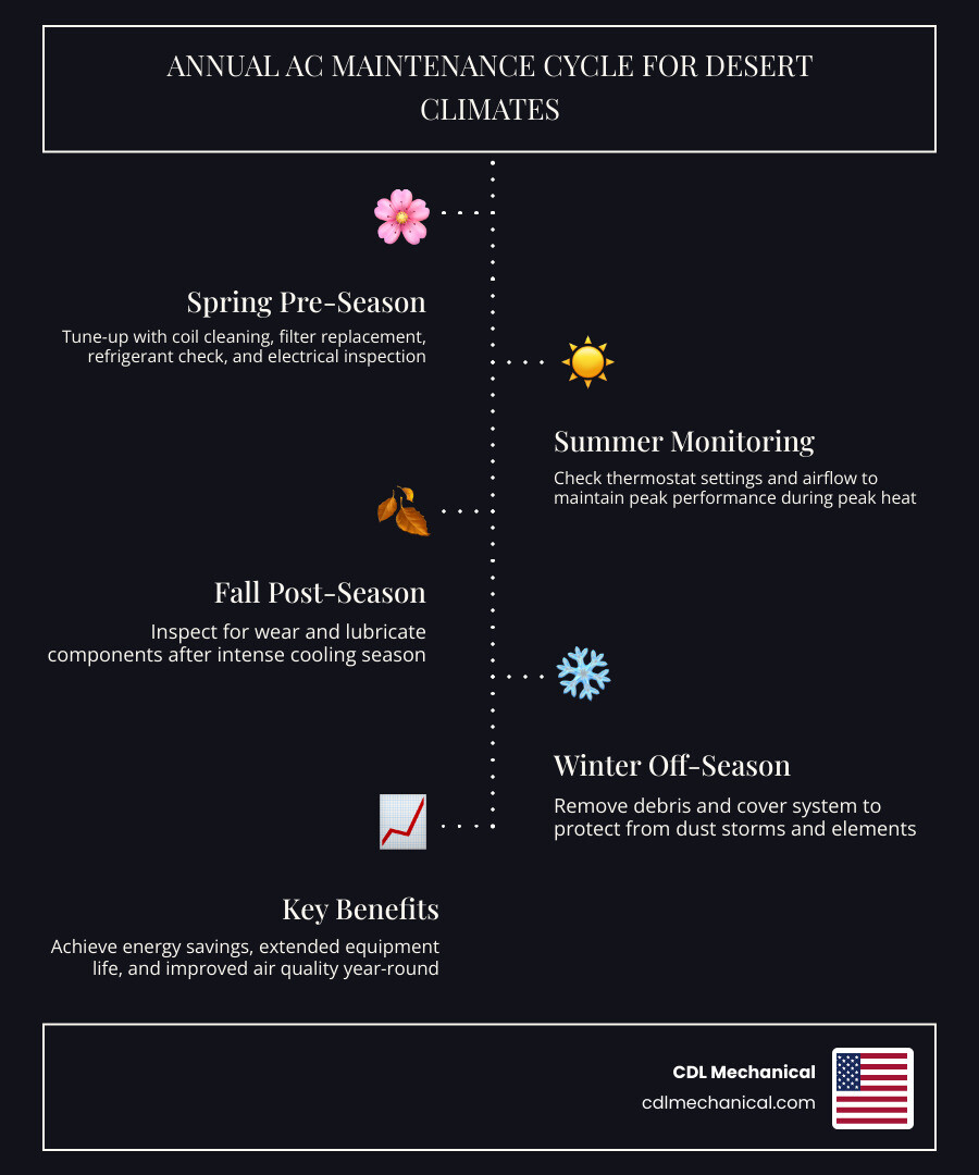 Infographic showing the annual AC maintenance cycle for desert climates in Goodyear, AZ: Spring pre-season tune-up checklist including coil cleaning, filter replacement, refrigerant check, and electrical inspection; Summer monitoring tips like thermostat settings and airflow checks; Fall post-season inspection for wear and component lubrication; Winter off-season steps including debris removal and system cover tips; with callouts showing energy savings, extended equipment life, and improved air quality at each stage - ac maintenance affordable in goodyear, az infographic infographic-line-5-steps-dark Infographic showing the annual AC maintenance cycle for desert climates in Goodyear, AZ: Spring pre-season tune-up checklist including coil cleaning, filter replacement, refrigerant check, and electrical inspection; Summer monitoring tips like thermostat settings and airflow checks; Fall post-season inspection for wear and component lubrication; Winter off-season steps including debris removal and system cover tips; with callouts showing energy savings, extended equipment life, and improved air quality at each stage - ac maintenance affordable in goodyear, az infographic infographic-line-5-steps-dark