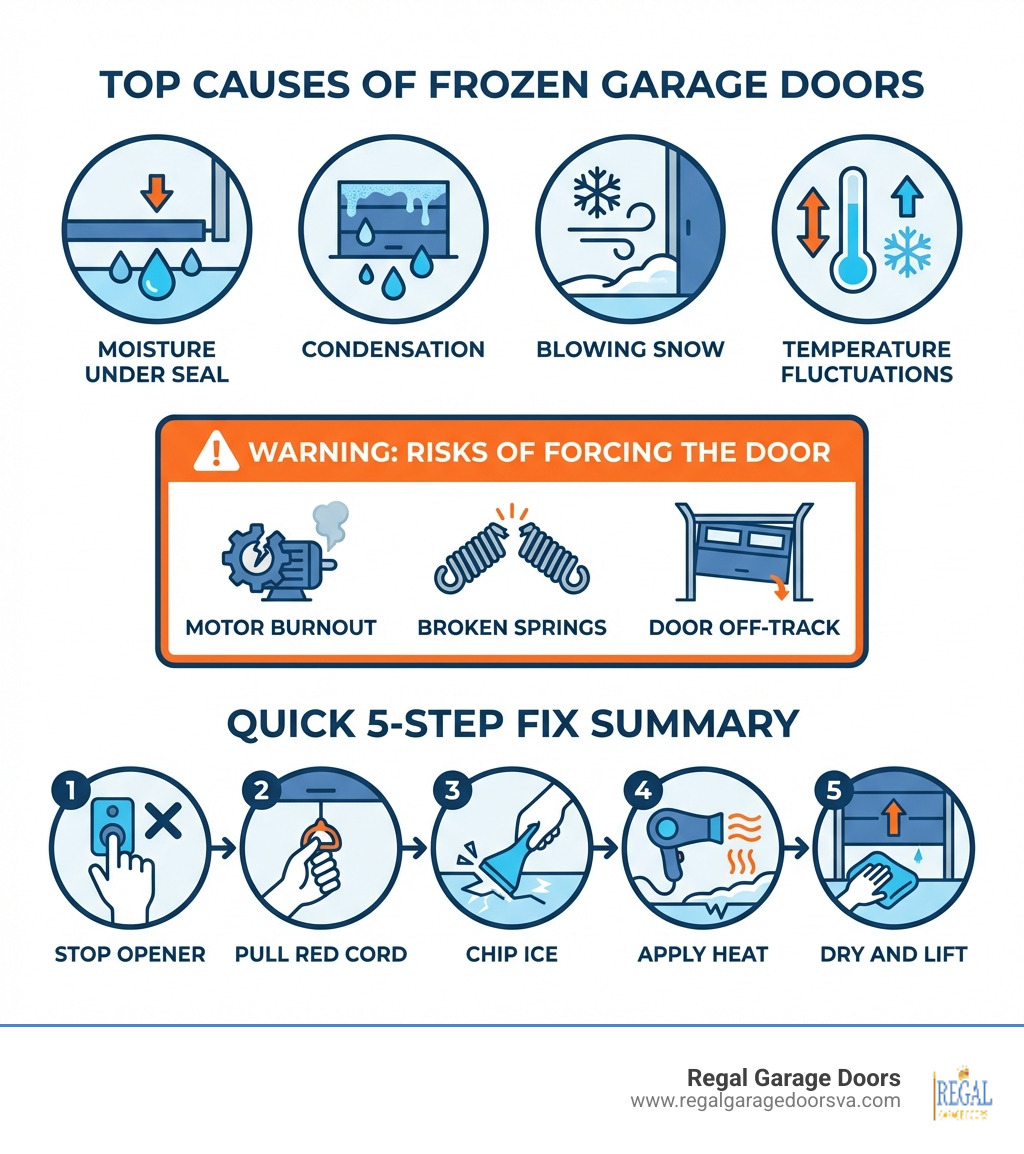 Infographic showing: Top causes of frozen garage doors (moisture under seal, condensation, blowing snow, temperature fluctuations) with icons; a warning box listing risks of forcing the door (motor burnout, broken springs, door off-track); and a quick 5-step fix summary (stop opener, pull red cord, chip ice, apply heat, dry and lift) - frozen garage door infographic 