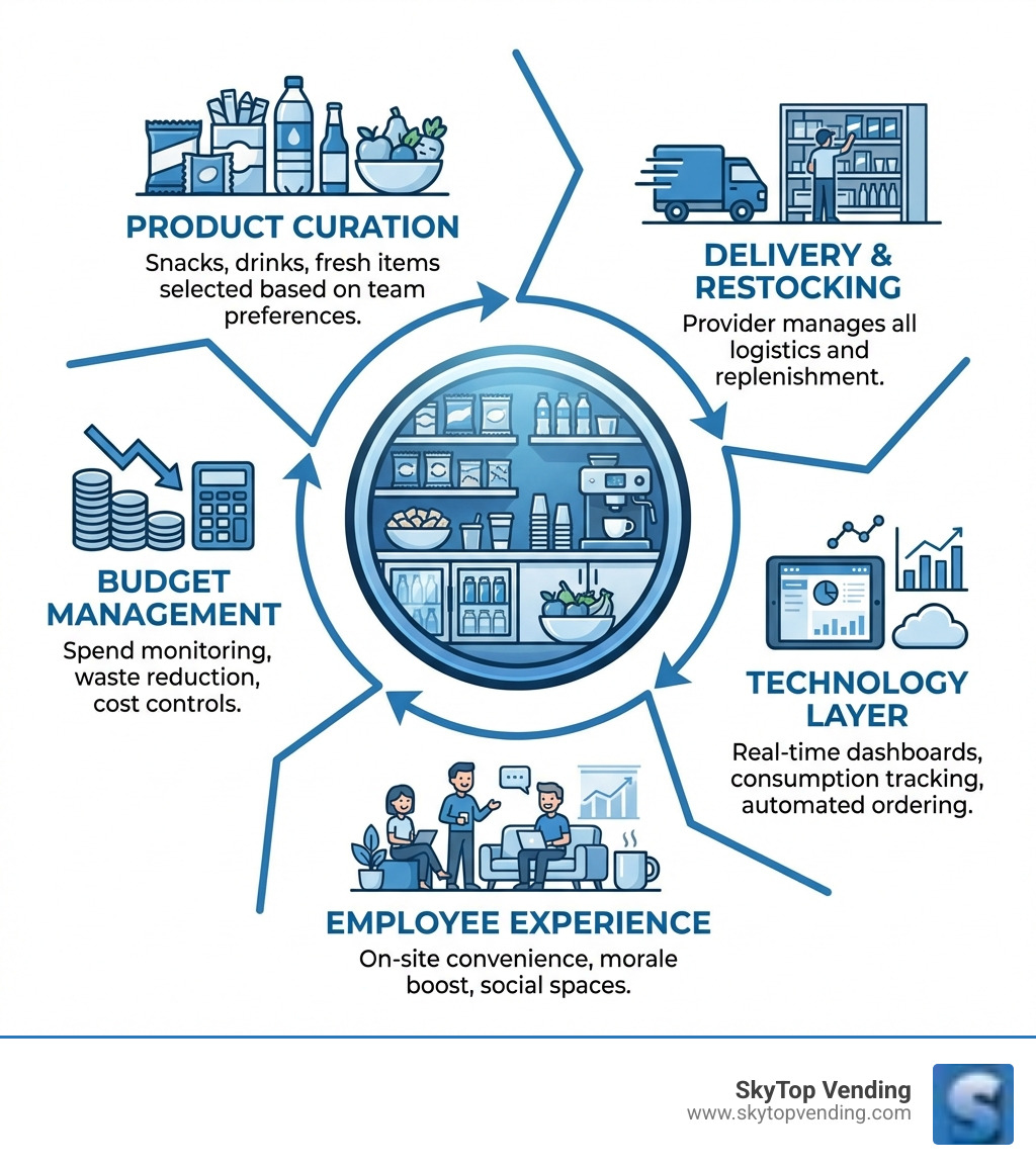 Infographic showing the pantry service model: a circular flow diagram with five labeled sections — Product Curation (snacks, drinks, fresh items selected based on team preferences), Delivery & Restocking (provider manages all logistics and replenishment), Technology Layer (real-time dashboards, consumption tracking, automated ordering), Budget Management (spend monitoring, waste reduction, cost controls), and Employee Experience (on-site convenience, morale boost, social spaces) — all connected around a central icon of a well-stocked breakroom - pantry service infographic 