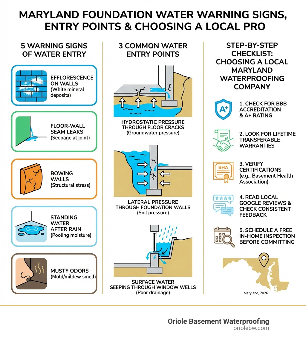 Infographic showing 5 warning signs water is entering a Maryland foundation, including efflorescence on walls, floor-wall seam leaks, bowing walls, standing water after rain, and musty odors, alongside 3 common water entry points: hydrostatic pressure through floor cracks, lateral pressure through foundation walls, and surface water seeping through window wells, with a step-by-step checklist for choosing a local Maryland waterproofing company - basement waterproofing companies near me infographic 