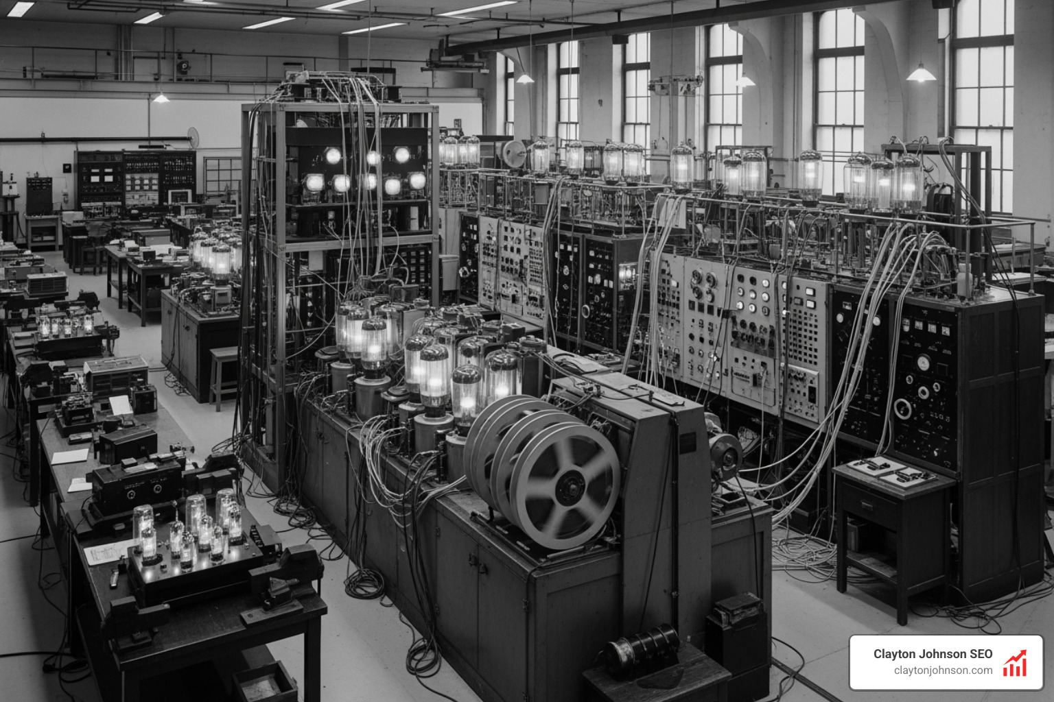 Early computing machinery from the mid-20th century, showing a room-sized computer with vacuum tubes and magnetic tape reels, representing the historical milestones of the 'fathers of computer science' - what is artificial intelligence
