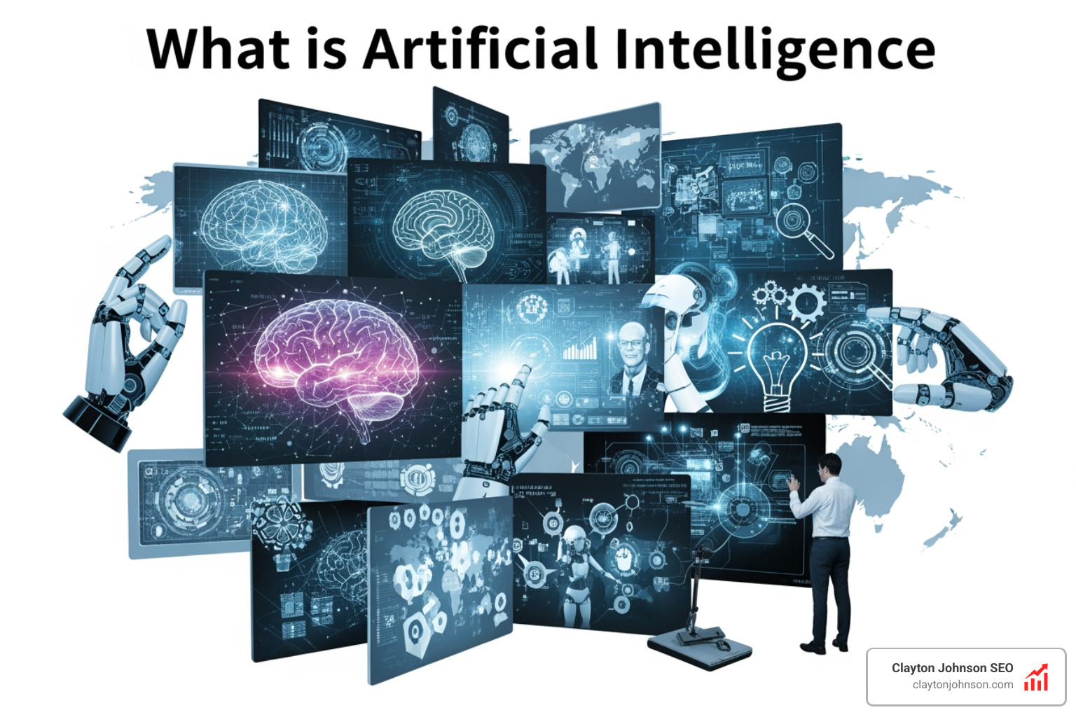 Comparison of human vs robot brain showing organic neurons on one side and digital circuit connections on the other, emphasizing that AI uses algorithmic logic rather than biological consciousness - what is artificial intelligence