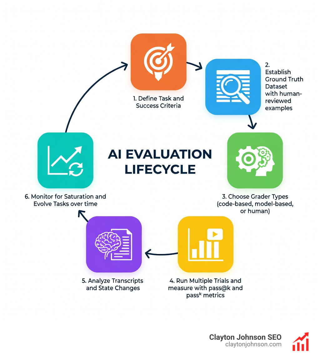 Infographic showing the AI evaluation lifecycle: Step 1 Define Task and Success Criteria, Step 2 Establish Ground Truth Dataset with human-reviewed examples, Step 3 Choose Grader Types such as code-based, model-based, or human, Step 4 Run Multiple Trials and measure with pass@k and pass^k metrics, Step 5 Analyze Transcripts and State Changes, Step 6 Monitor for Saturation and Evolve Tasks over time — displayed as a circular continuous improvement loop with icons for each step on a white background in a clean enterprise style - How to evaluate AI infographic 