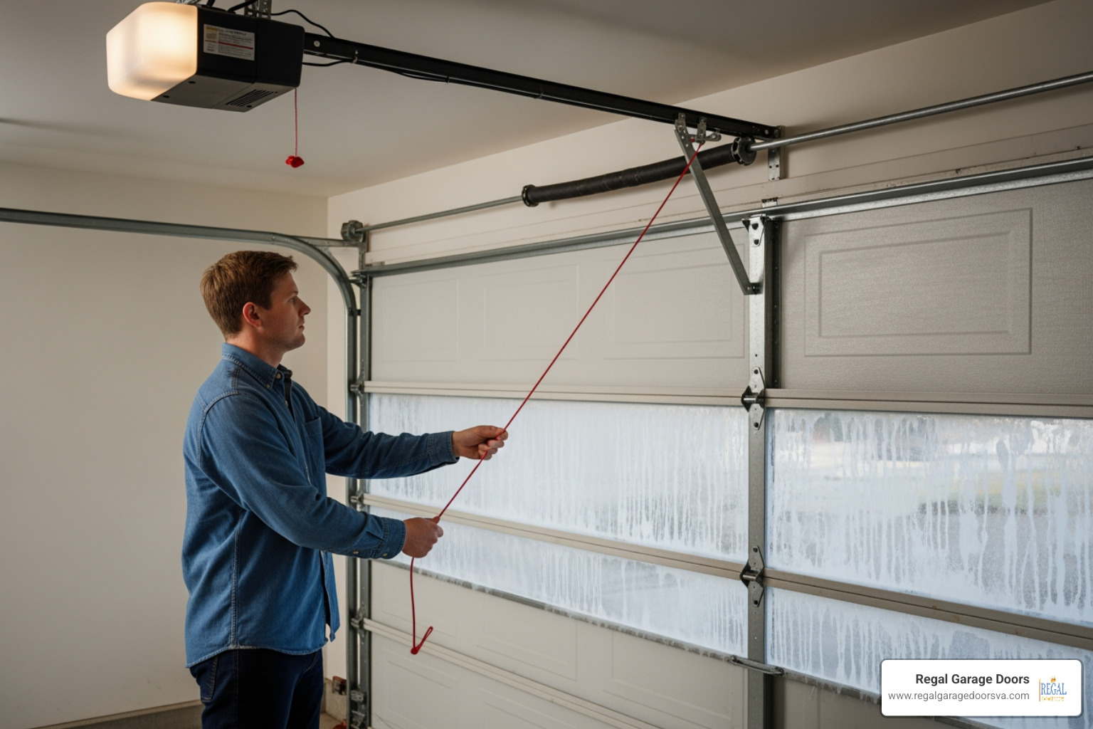 A person pulling the red emergency release cord on a garage door opener to disengage the motor - frozen garage door