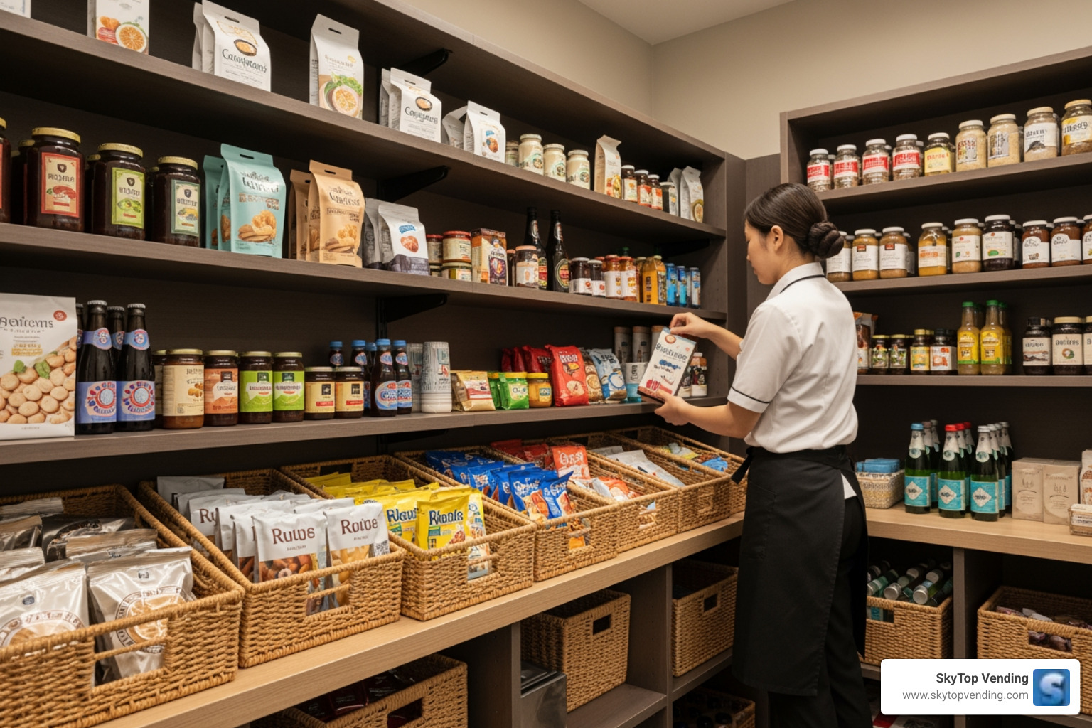 diverse healthy snacks and fresh fruit including organic bars, colorful apples, and high-protein nut mixes arranged neatly on a wooden pantry shelf - pantry service