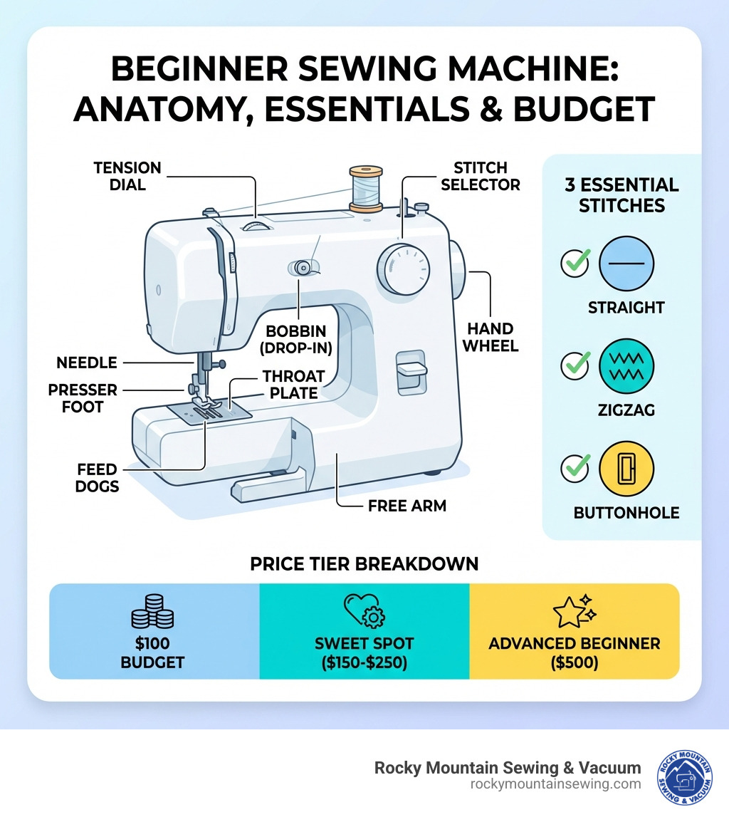 Infographic showing the anatomy of a beginner sewing machine with labeled parts including the bobbin, presser foot, feed dogs, tension dial, stitch selector, needle, throat plate, free arm, and hand wheel, alongside a checklist of the three essential stitches (straight, zigzag, buttonhole) and a price tier breakdown from $100 budget to $500 advanced beginner - starter sewing machine infographic Infographic showing the anatomy of a beginner sewing machine with labeled parts including the bobbin, presser foot, feed dogs, tension dial, stitch selector, needle, throat plate, free arm, and hand wheel, alongside a checklist of the three essential stitches (straight, zigzag, buttonhole) and a price tier breakdown from $100 budget to $500 advanced beginner - starter sewing machine infographic