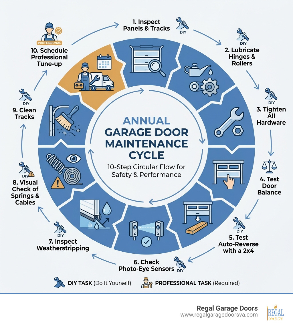 10-step annual garage door maintenance cycle infographic showing each step in a circular flow: 1. Inspect panels and tracks, 2. Lubricate hinges and rollers, 3. Tighten all hardware, 4. Test door balance, 5. Test auto-reverse with a 2x4, 6. Check photo-eye sensors, 7. Inspect weatherstripping, 8. Visual check of springs and cables, 9. Clean tracks, 10. Schedule professional tune-up — with icons for DIY vs. professional tasks clearly labeled - garage door annual maintenance infographic 10-step annual garage door maintenance cycle infographic showing each step in a circular flow: 1. Inspect panels and tracks, 2. Lubricate hinges and rollers, 3. Tighten all hardware, 4. Test door balance, 5. Test auto-reverse with a 2x4, 6. Check photo-eye sensors, 7. Inspect weatherstripping, 8. Visual check of springs and cables, 9. Clean tracks, 10. Schedule professional tune-up — with icons for DIY vs. professional tasks clearly labeled - garage door annual maintenance infographic