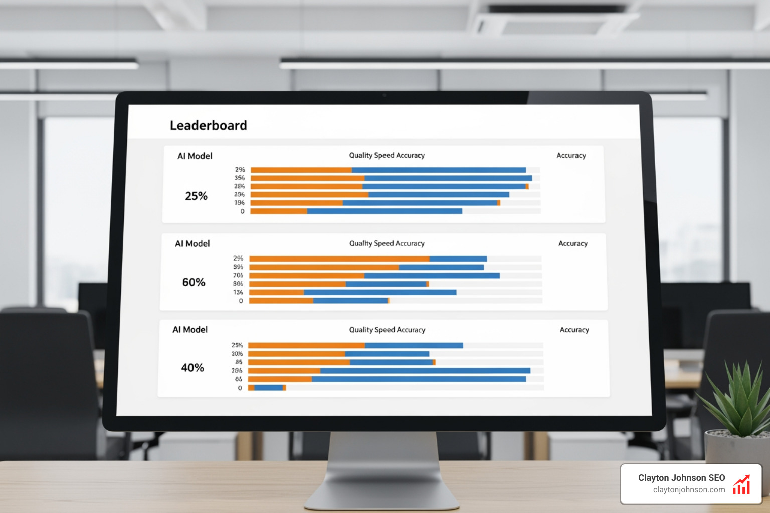 A leaderboard graphic showing different AI models with horizontal scoring bars representing their performance across quality speed and accuracy - How to compare AI A leaderboard graphic showing different AI models with horizontal scoring bars representing their performance across quality speed and accuracy - How to compare AI