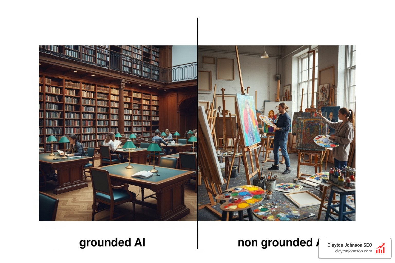 A split image of a traditional library representing grounded AI and a creative art studio representing non-grounded AI - How to compare AI A split image of a traditional library representing grounded AI and a creative art studio representing non-grounded AI - How to compare AI
