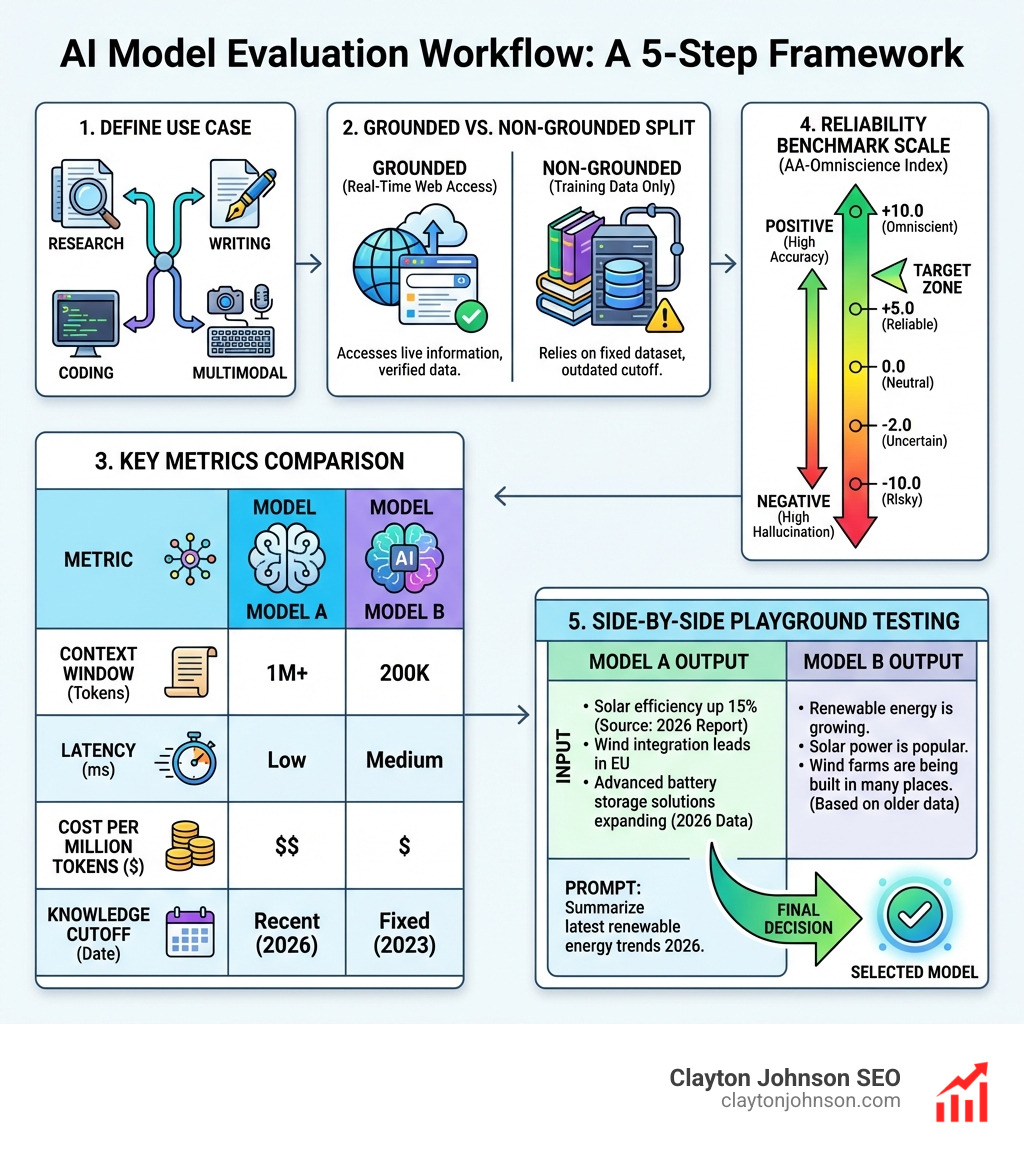 Infographic showing a step-by-step AI model evaluation workflow: Step 1 Define use case with icons for research writing coding and multimodal, Step 2 Grounded vs non-grounded split with real-time web access on one side and training data only on the other, Step 3 Key metrics comparison table showing context window latency cost per million tokens and knowledge cutoff, Step 4 Reliability benchmark scale with AA-Omniscience Index scores from negative to positive, Step 5 Side-by-side playground testing with two output panels, final decision arrow pointing to selected model - How to compare AI infographic Infographic showing a step-by-step AI model evaluation workflow: Step 1 Define use case with icons for research writing coding and multimodal, Step 2 Grounded vs non-grounded split with real-time web access on one side and training data only on the other, Step 3 Key metrics comparison table showing context window latency cost per million tokens and knowledge cutoff, Step 4 Reliability benchmark scale with AA-Omniscience Index scores from negative to positive, Step 5 Side-by-side playground testing with two output panels, final decision arrow pointing to selected model - How to compare AI infographic