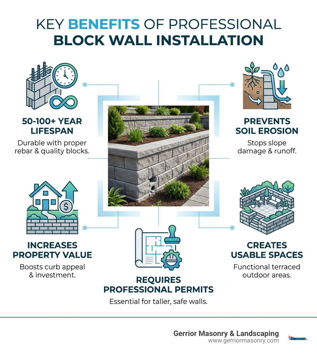 Infographic showing 5 key benefits of professional block wall installation: 1) Lifespan of 50-100+ years with proper rebar and quality blocks, 2) Prevents soil erosion and slope damage, 3) Increases property value and curb appeal, 4) Creates usable terraced outdoor spaces, 5) Requires professional permits and engineering for taller walls — with icons for each benefit and a central image of a finished concrete block retaining wall - block wall installers near me infographic 