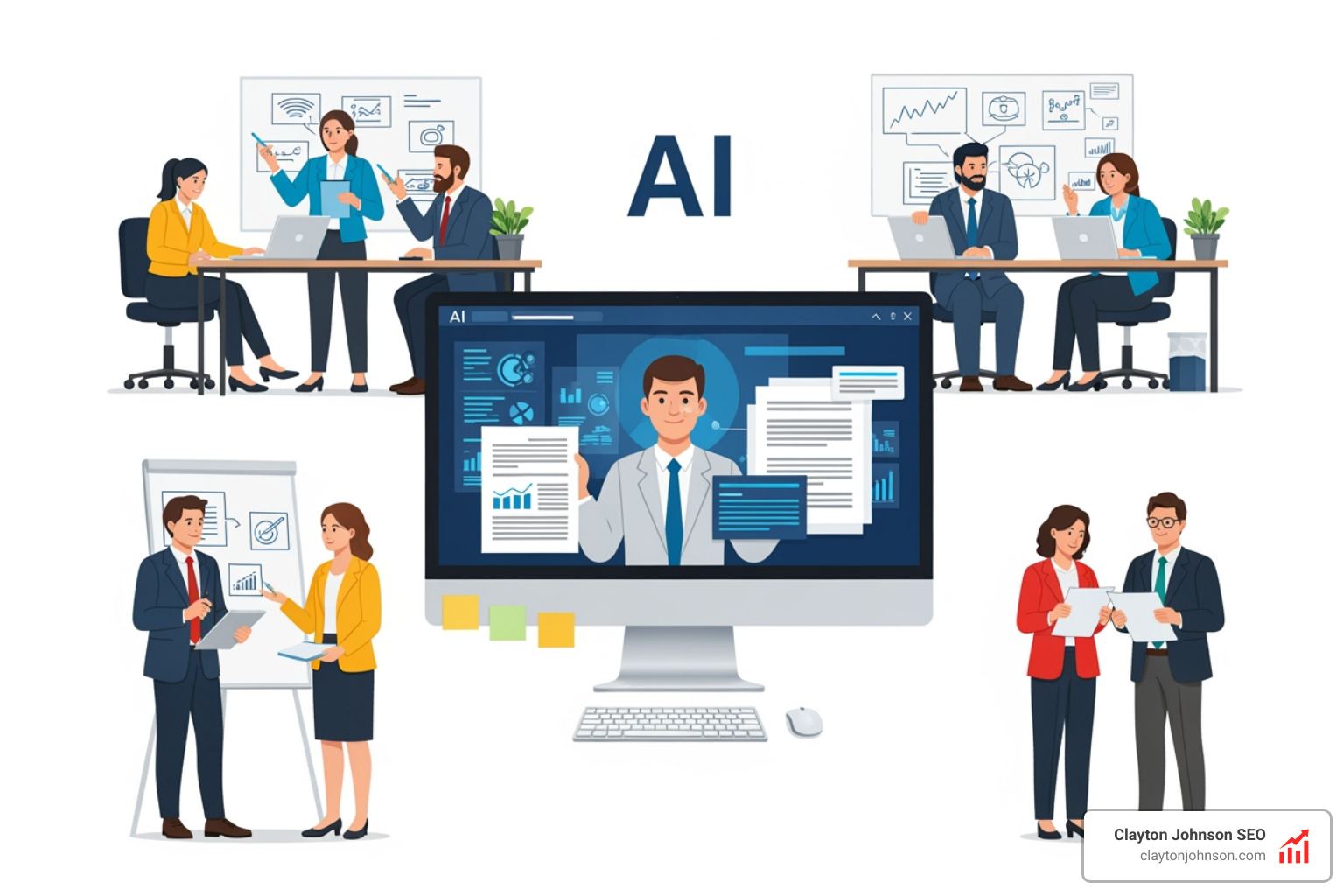 Graphic showing human-AI collaborative workflows where AI handles data processing and drafting while humans focus on strategy, empathy, and final judgment - What drives AI success Graphic showing human-AI collaborative workflows where AI handles data processing and drafting while humans focus on strategy, empathy, and final judgment - What drives AI success