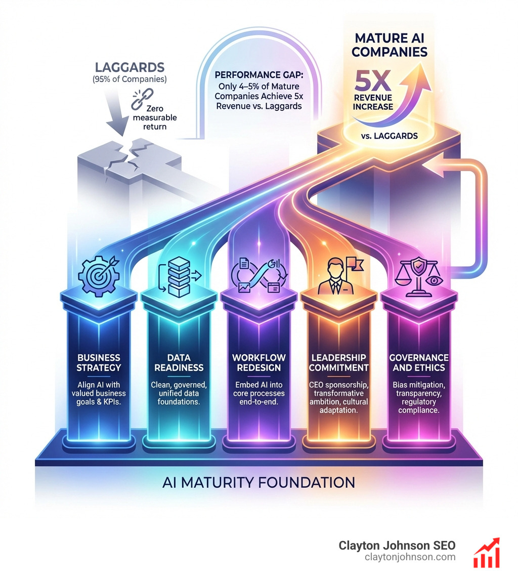 Infographic showing the five pillars of AI maturity: 1) Business Strategy - align AI with valued business goals and KPIs; 2) Data Readiness - clean, governed, unified data foundations; 3) Workflow Redesign - embed AI into core processes end-to-end; 4) Leadership Commitment - CEO sponsorship, transformative ambition, cultural adaptation; 5) Governance and Ethics - bias mitigation, transparency, regulatory compliance; with a performance gap showing 4-5% of mature companies achieving 5x revenue vs. laggards - What drives AI success infographic Infographic showing the five pillars of AI maturity: 1) Business Strategy - align AI with valued business goals and KPIs; 2) Data Readiness - clean, governed, unified data foundations; 3) Workflow Redesign - embed AI into core processes end-to-end; 4) Leadership Commitment - CEO sponsorship, transformative ambition, cultural adaptation; 5) Governance and Ethics - bias mitigation, transparency, regulatory compliance; with a performance gap showing 4-5% of mature companies achieving 5x revenue vs. laggards - What drives AI success infographic