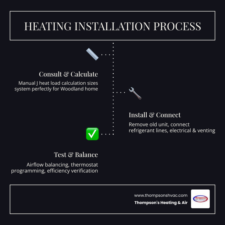 Infographic showing the 6-step heating installation process for Woodland CA homeowners: Step 1 consultation and Manual J heat load calculation, Step 2 system selection comparing gas furnaces vs heat pumps vs mini-splits, Step 3 ductwork inspection and sealing, Step 4 equipment installation with refrigerant and electrical connections, Step 5 commissioning with airflow balancing and thermostat programming, Step 6 warranty documentation and handoff — with a note on Woodland's mild but fog-prone Sacramento Valley climate - heating installation in woodland, ca infographic infographic-line-3-steps-dark