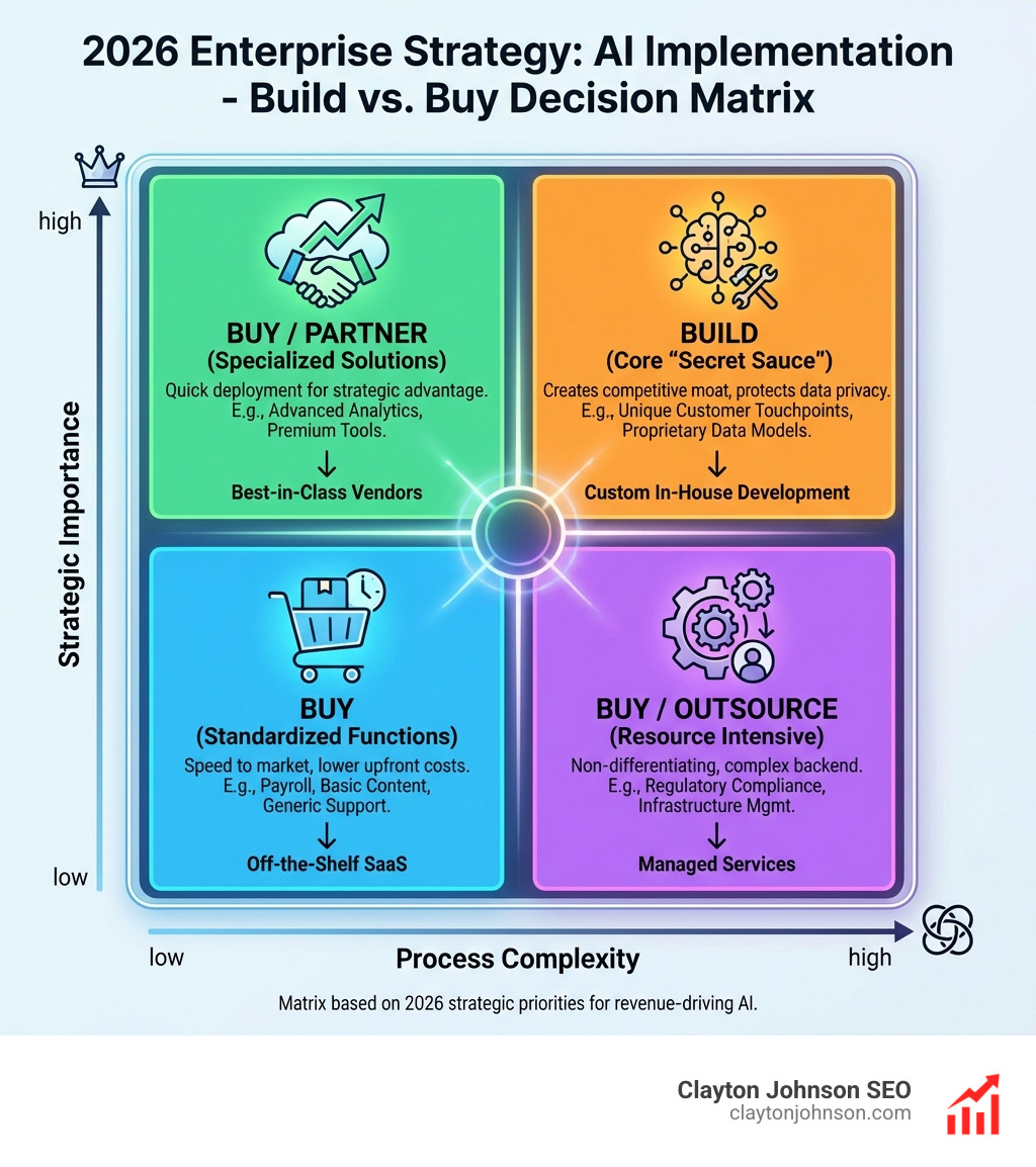 Infographic showing the build vs buy decision matrix based on strategic importance vs. process complexity, with corporate enterprise styling - How AI drives revenue infographic Infographic showing the build vs buy decision matrix based on strategic importance vs. process complexity, with corporate enterprise styling - How AI drives revenue infographic