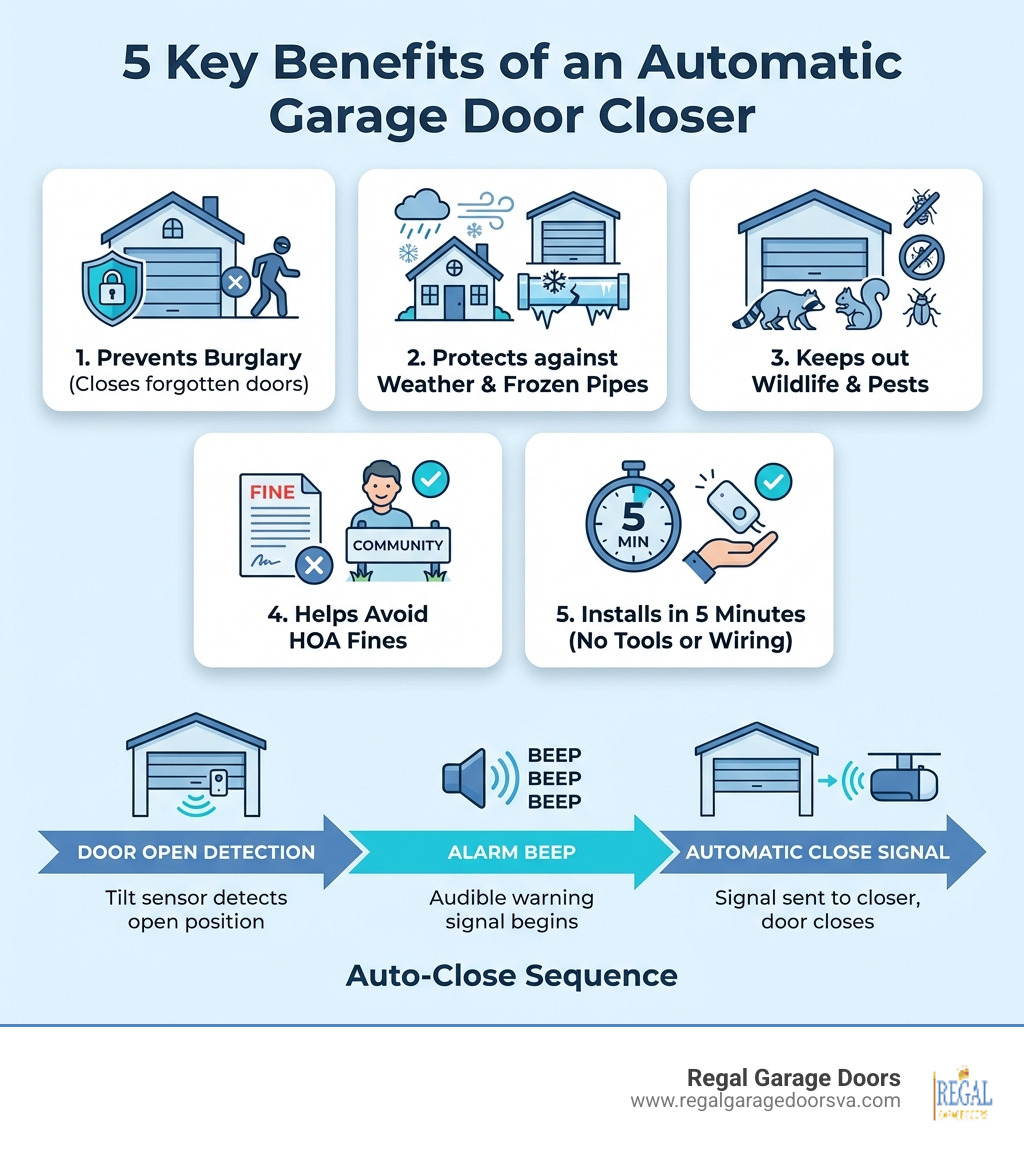 Infographic showing 5 key benefits of an automatic garage door closer: 1) Prevents burglary by closing forgotten open doors, 2) Protects against weather and frozen pipes, 3) Keeps out wildlife and pests, 4) Helps avoid HOA fines, 5) Installs in 5 minutes with no tools or wiring — with icons for each benefit and a timeline graphic showing the auto-close sequence from door open detection to alarm beep to automatic close signal - garage door closer infographic Infographic showing 5 key benefits of an automatic garage door closer: 1) Prevents burglary by closing forgotten open doors, 2) Protects against weather and frozen pipes, 3) Keeps out wildlife and pests, 4) Helps avoid HOA fines, 5) Installs in 5 minutes with no tools or wiring — with icons for each benefit and a timeline graphic showing the auto-close sequence from door open detection to alarm beep to automatic close signal - garage door closer infographic