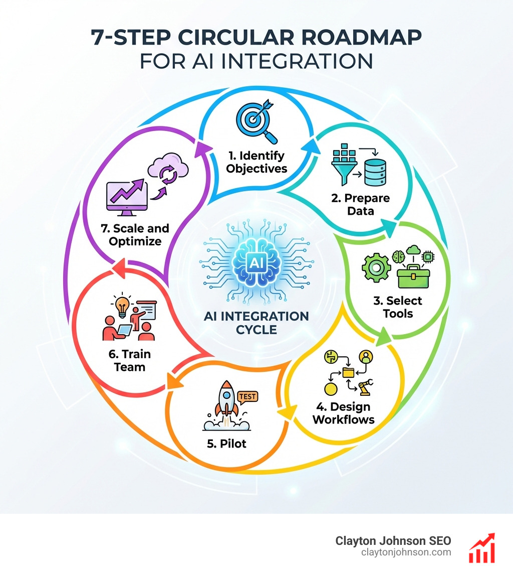 A clean, professional infographic showing a 7-step circular roadmap for AI integration: 1. Identify Objectives, 2. Prepare Data, 3. Select Tools, 4. Design Workflows, 5. Pilot, 6. Train Team, 7. Scale and Optimize - How to integrate AI infographic 