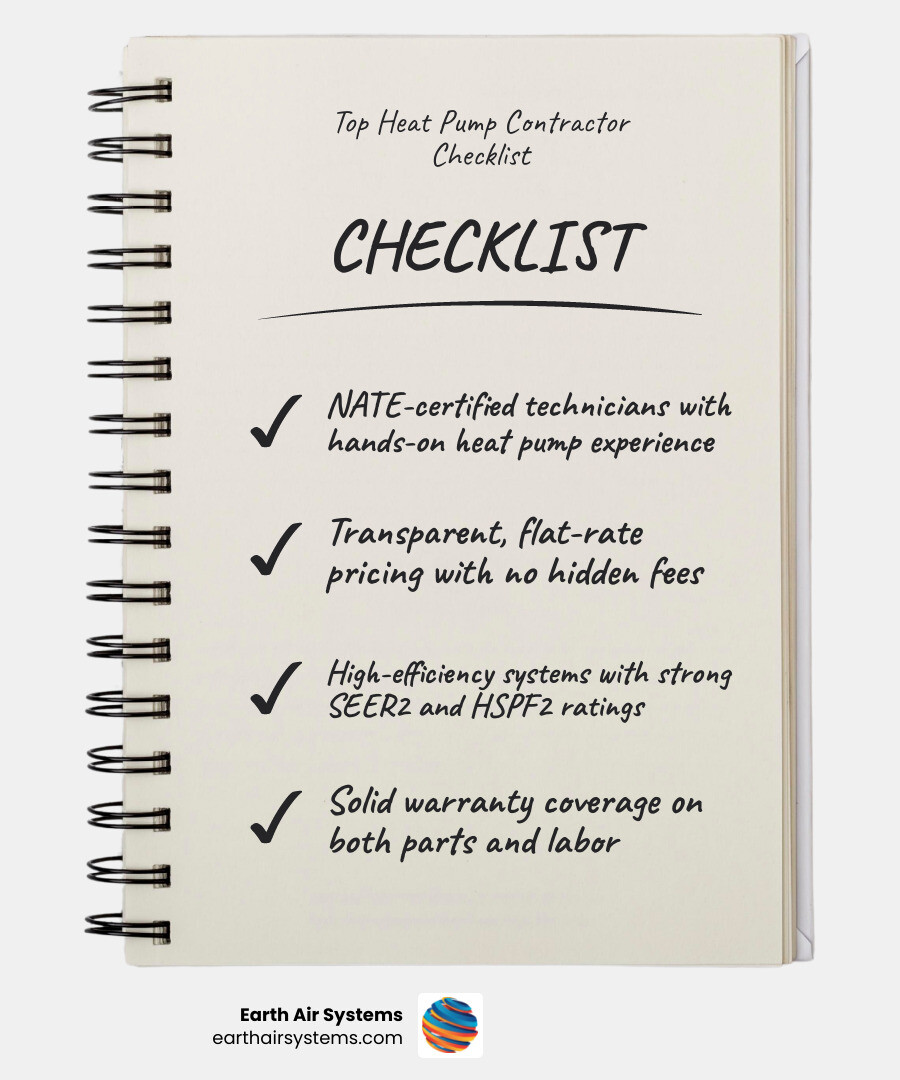 Infographic showing the top 5 signs you need a heat pump replacement in Escondido CA, average system lifespan of 10-15 years, key efficiency ratings to look for including SEER2 and HSPF2, available local incentives such as federal tax credits and TECH Clean California rebates, and a checklist of what to look for in a top-rated replacement contractor including NATE certification, transparent pricing, and strong warranties - best heat pump replacement in escondido, ca infographic checklist-notebook