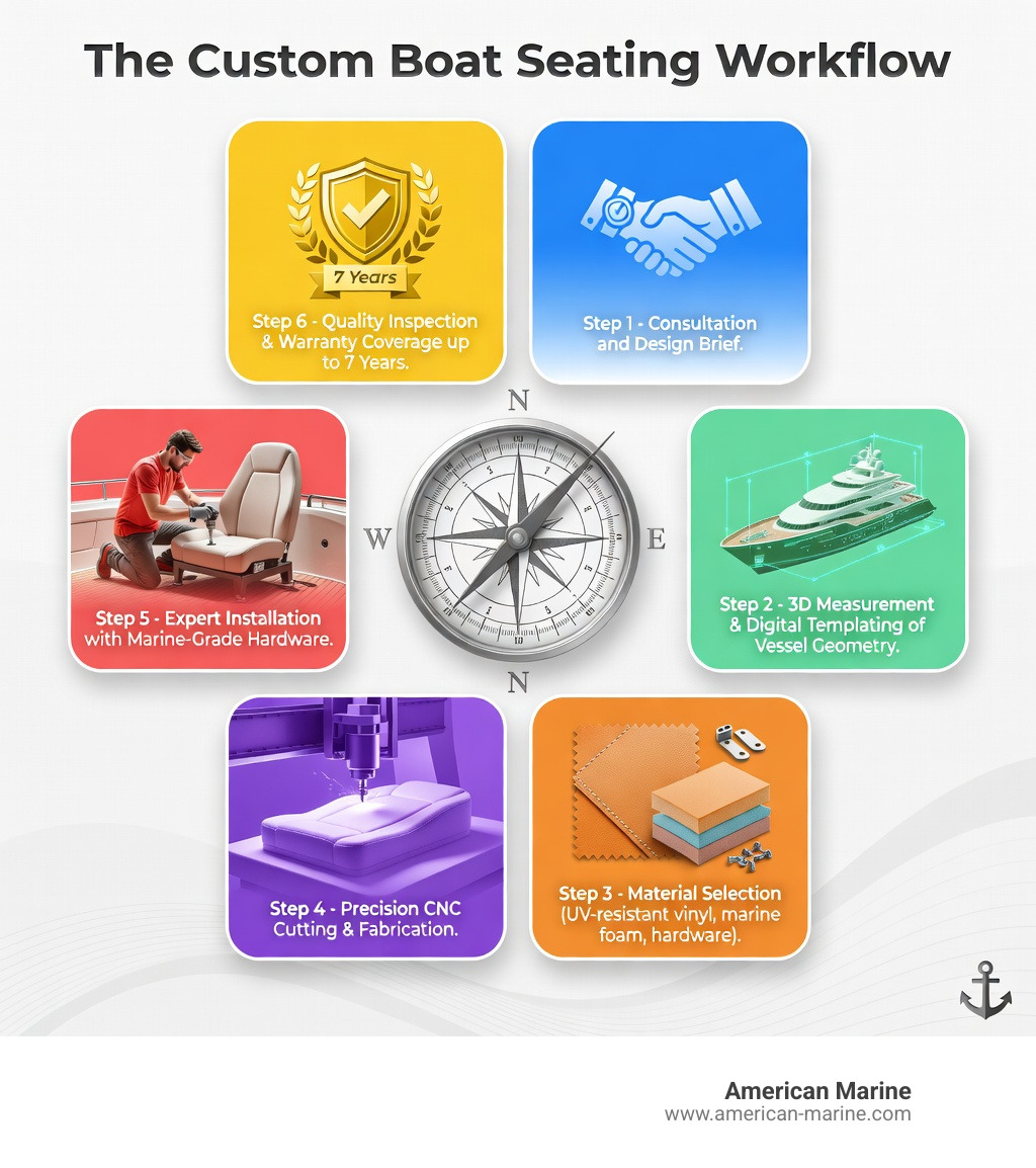 Infographic showing the custom boat seating workflow: Step 1 - Consultation and design brief; Step 2 - 3D measurement and digital templating of vessel geometry; Step 3 - Material selection (UV-resistant vinyl, marine foam, hardware); Step 4 - Precision CNC cutting and fabrication; Step 5 - Expert installation with marine-grade hardware; Step 6 - Quality inspection and warranty coverage up to 7 years - custom boat seating infographic 