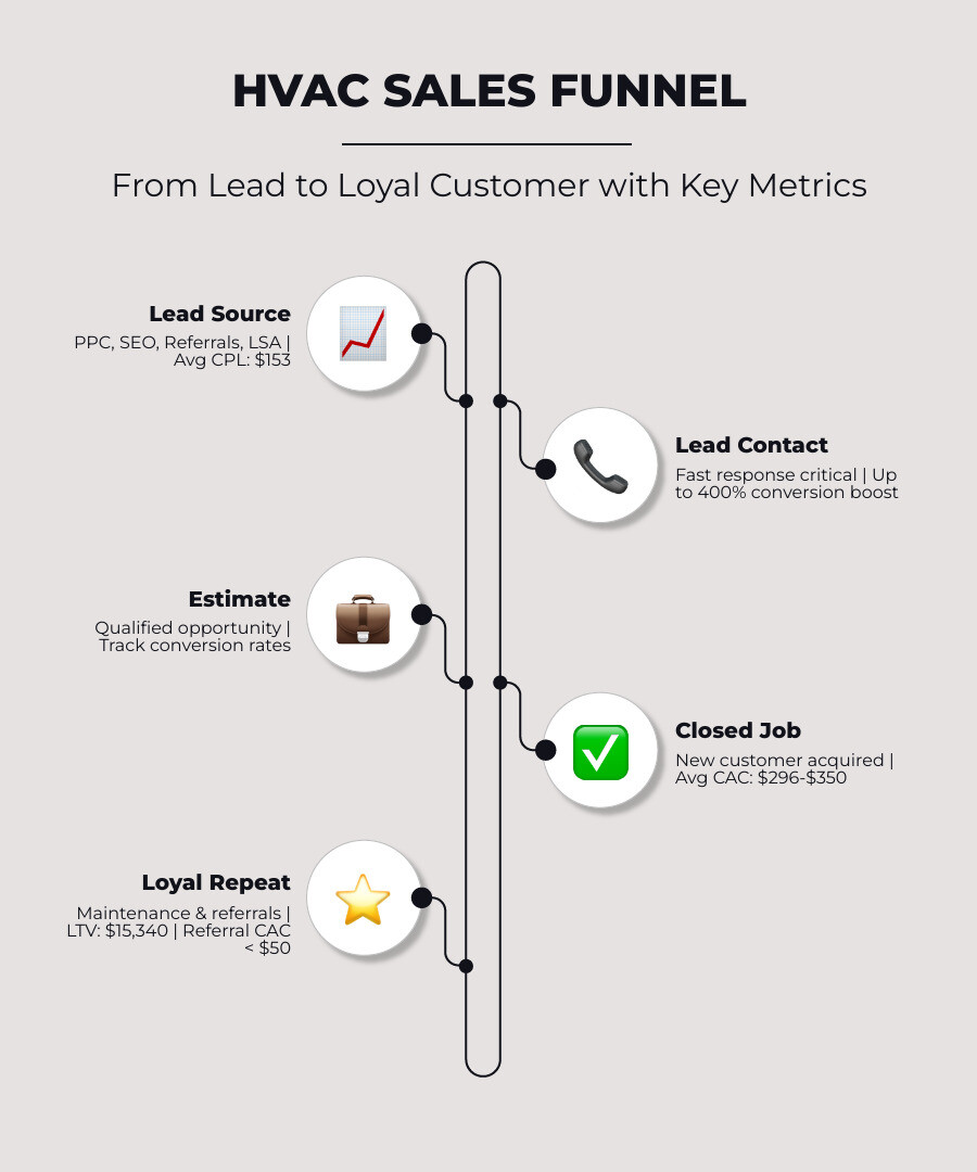 Infographic showing the HVAC sales funnel from initial lead source (PPC, SEO, referral, LSA) through lead contact, estimate, closed job, and loyal repeat customer, with average CAC ($296-$350), CPL ($153), and customer lifetime value ($15,340) labeled at key stages, and a comparison bar showing referral CAC under $50 vs. PPC CAC up to $350 - HVAC customer acquisition cost? infographic infographic-line-5-steps-elegant_beige