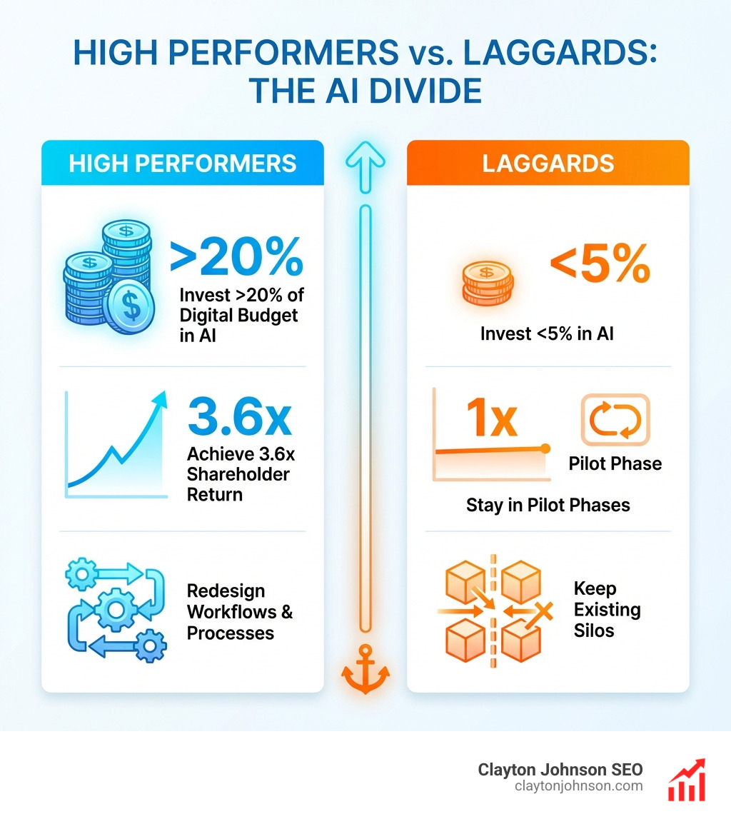 Table comparing high performers vs laggards: High performers invest >20% of digital budget in AI, achieve 3.6x shareholder return, and redesign workflows. Laggards invest <5% in AI, stay in pilot phases, and keep existing silos. - how AI impacts business infographic 
