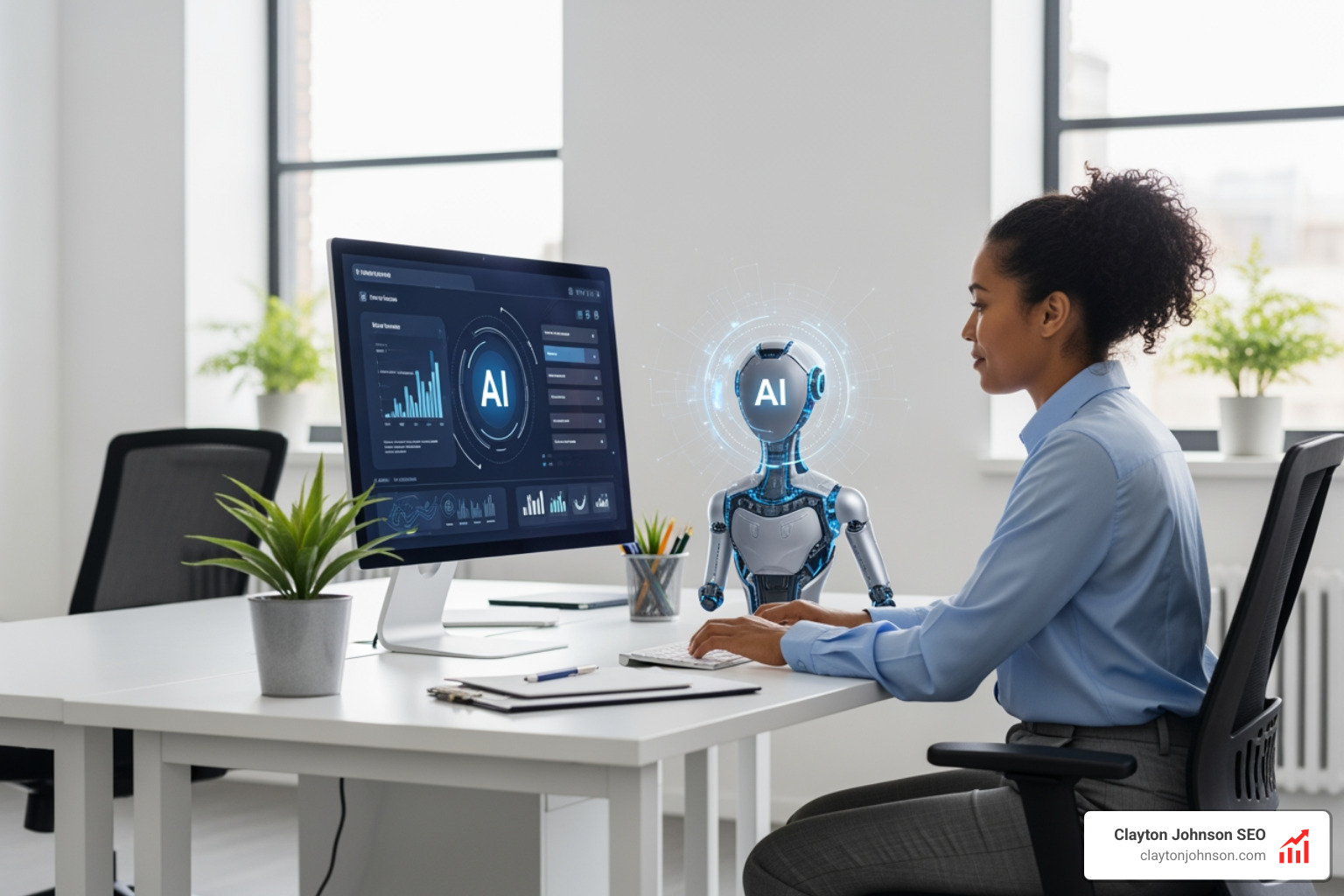 A modern professional workspace showing a human collaborator working alongside a digital AI interface on a clean white background - How to integrate AI